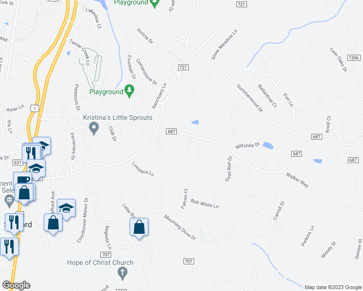 map of restaurants, bars, coffee shops, grocery stores, and more near 204 Hope Road in Stafford