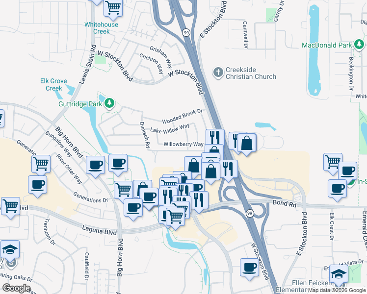 map of restaurants, bars, coffee shops, grocery stores, and more near 9140 West Stockton Boulevard in Elk Grove
