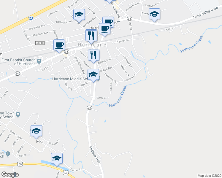 map of restaurants, bars, coffee shops, grocery stores, and more near 91 Nilan Drive in Hurricane