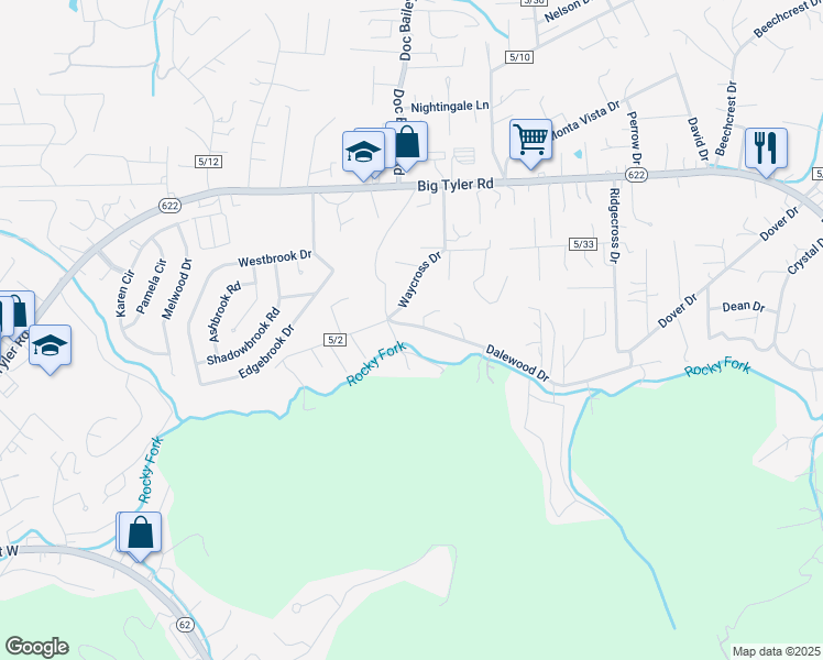 map of restaurants, bars, coffee shops, grocery stores, and more near 5185 Fork Road in Cross Lanes