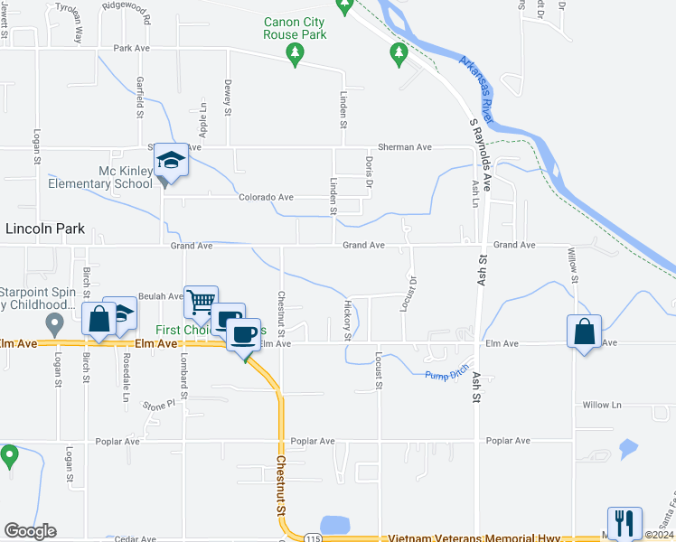 map of restaurants, bars, coffee shops, grocery stores, and more near 1630 Grand Avenue in Cañon City