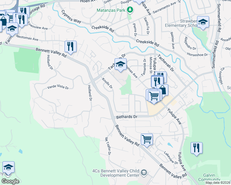 map of restaurants, bars, coffee shops, grocery stores, and more near 2572 Hastings Court in Santa Rosa