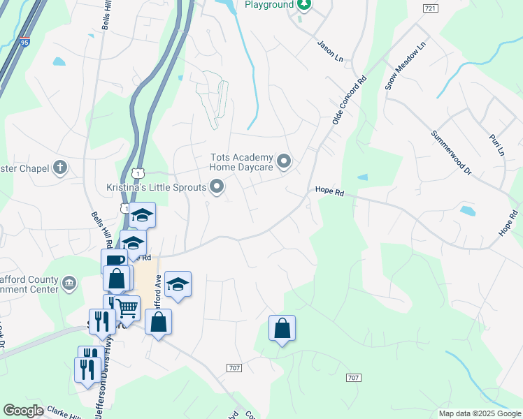 map of restaurants, bars, coffee shops, grocery stores, and more near 39 Club Drive in Stafford
