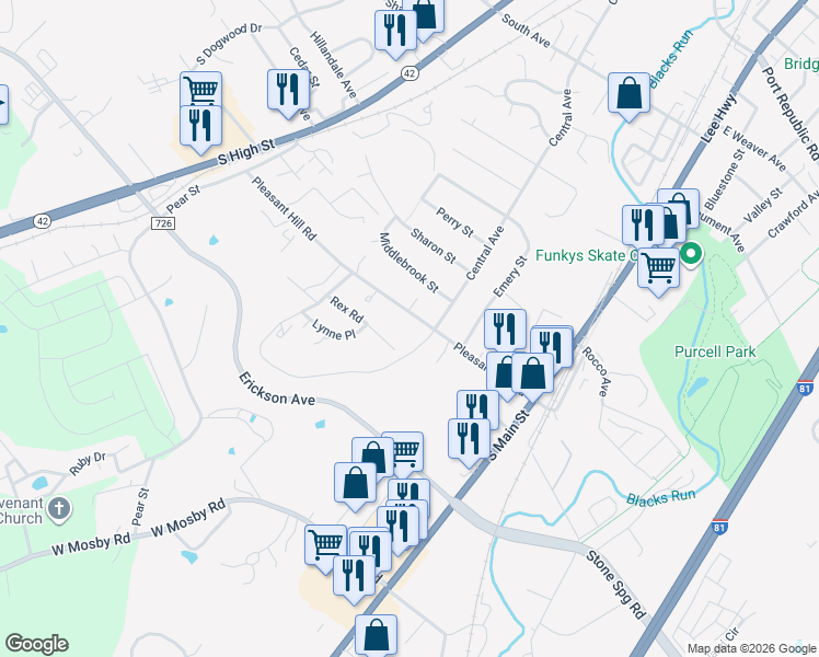 map of restaurants, bars, coffee shops, grocery stores, and more near 62 Rex Road in Harrisonburg