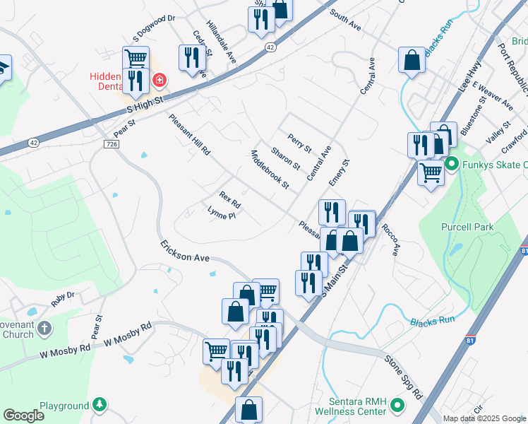 map of restaurants, bars, coffee shops, grocery stores, and more near 62 Rex Road in Harrisonburg