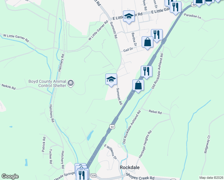 map of restaurants, bars, coffee shops, grocery stores, and more near 1226 Old Rockdale-Ashland Road in Ashland