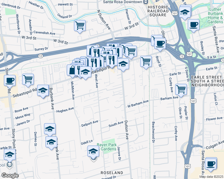 map of restaurants, bars, coffee shops, grocery stores, and more near 613 Grandberg Court in Santa Rosa