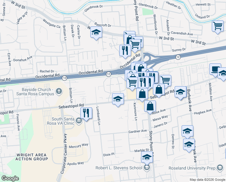 map of restaurants, bars, coffee shops, grocery stores, and more near 658 Laurel Grove Circle in Santa Rosa