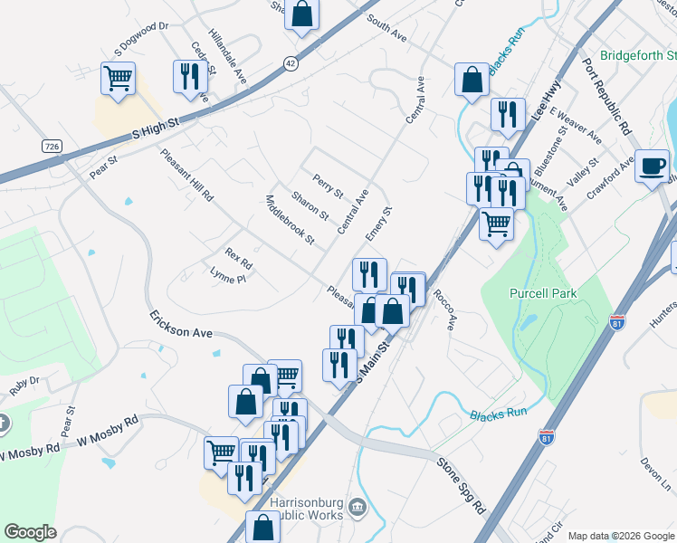 map of restaurants, bars, coffee shops, grocery stores, and more near 22 Emery St in Harrisonburg