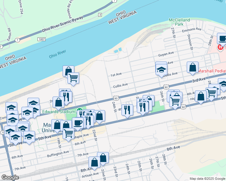 map of restaurants, bars, coffee shops, grocery stores, and more near 2402 3rd Avenue in Huntington