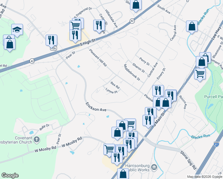 map of restaurants, bars, coffee shops, grocery stores, and more near 1934 Kimberly Court in Harrisonburg