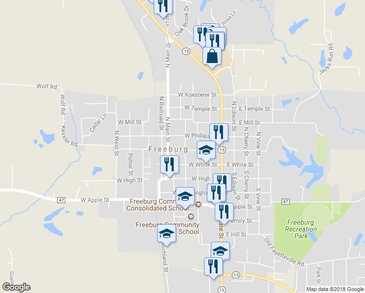 map of restaurants, bars, coffee shops, grocery stores, and more near in Freeburg