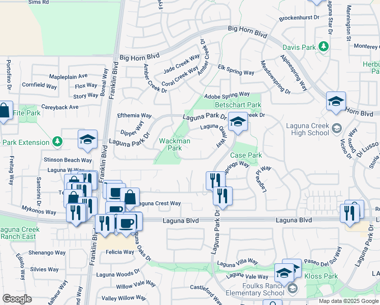 map of restaurants, bars, coffee shops, grocery stores, and more near 5608 Rock Wren Court in Elk Grove