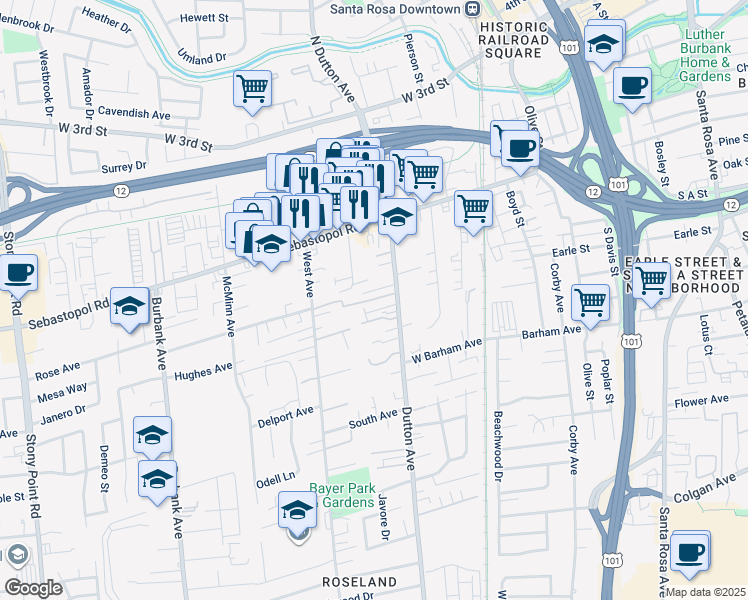 map of restaurants, bars, coffee shops, grocery stores, and more near 721 Dutton Avenue in Santa Rosa