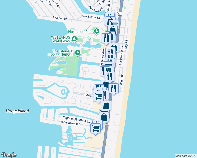 map of restaurants, bars, coffee shops, grocery stores, and more near 105 123rd Street in Ocean City