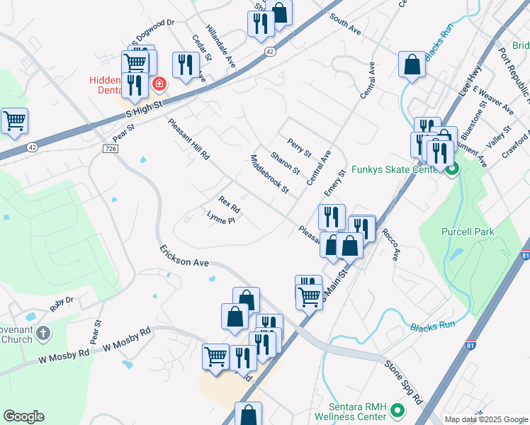 map of restaurants, bars, coffee shops, grocery stores, and more near 82 Pleasant Hill Road in Harrisonburg