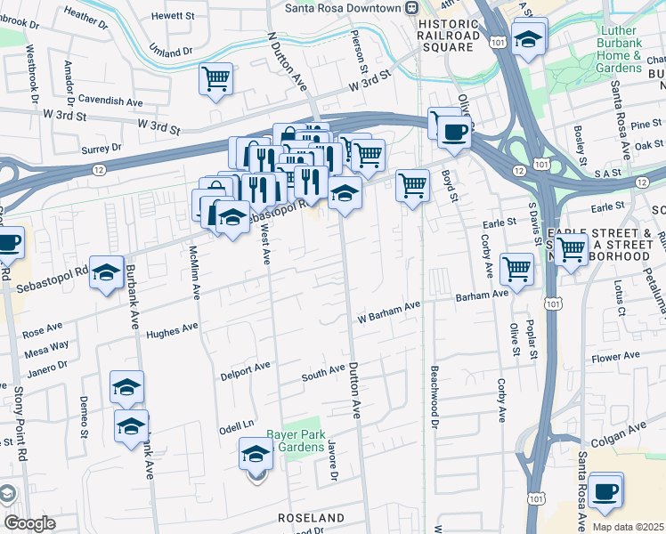 map of restaurants, bars, coffee shops, grocery stores, and more near 721 Dutton Avenue in Santa Rosa