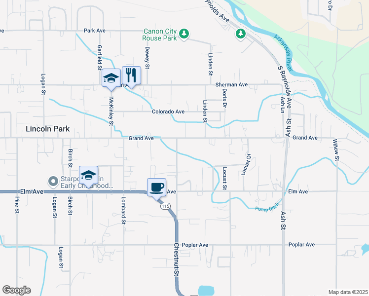 map of restaurants, bars, coffee shops, grocery stores, and more near 1600-1606 Grand Avenue in Cañon City