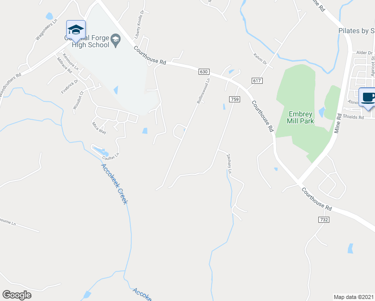 map of restaurants, bars, coffee shops, grocery stores, and more near 97 Rollinswood Lane in Stafford