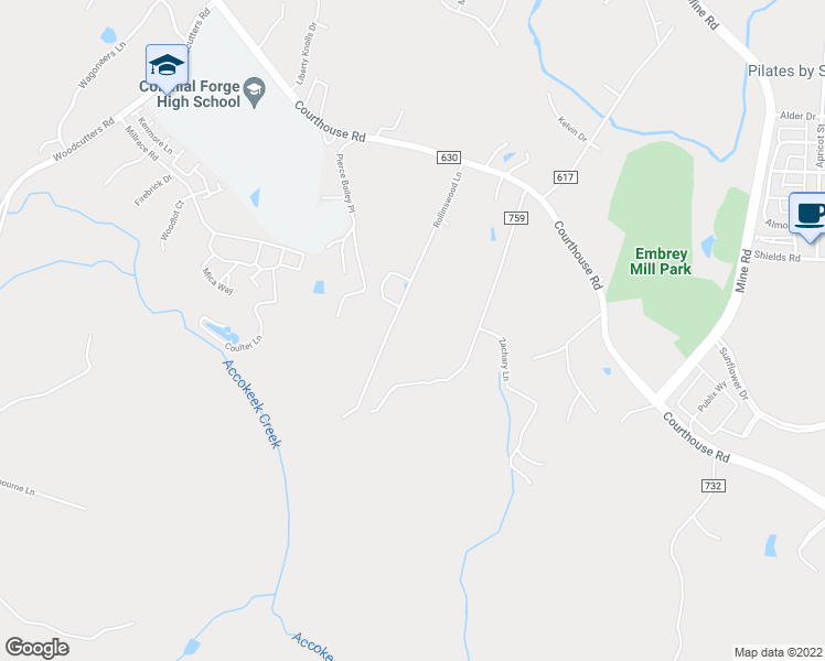 map of restaurants, bars, coffee shops, grocery stores, and more near 97 Rollinswood Lane in Stafford