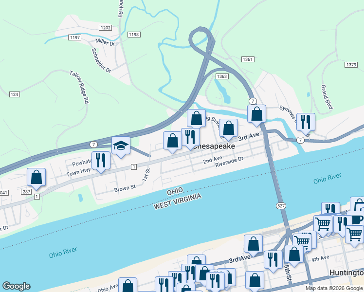 map of restaurants, bars, coffee shops, grocery stores, and more near 4 Chesapeake Plaza in Chesapeake