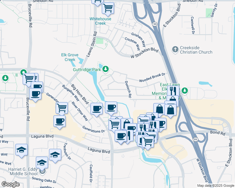 map of restaurants, bars, coffee shops, grocery stores, and more near 8165 Pond Brook Way in Elk Grove