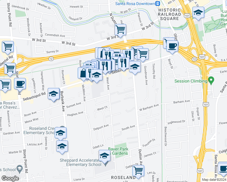 map of restaurants, bars, coffee shops, grocery stores, and more near 756 West Avenue in Santa Rosa