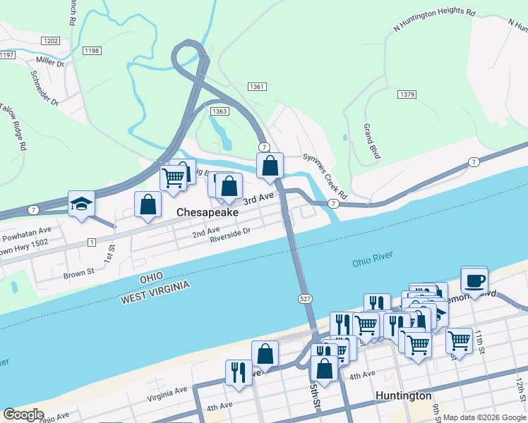 map of restaurants, bars, coffee shops, grocery stores, and more near 215 3rd Avenue in Chesapeake