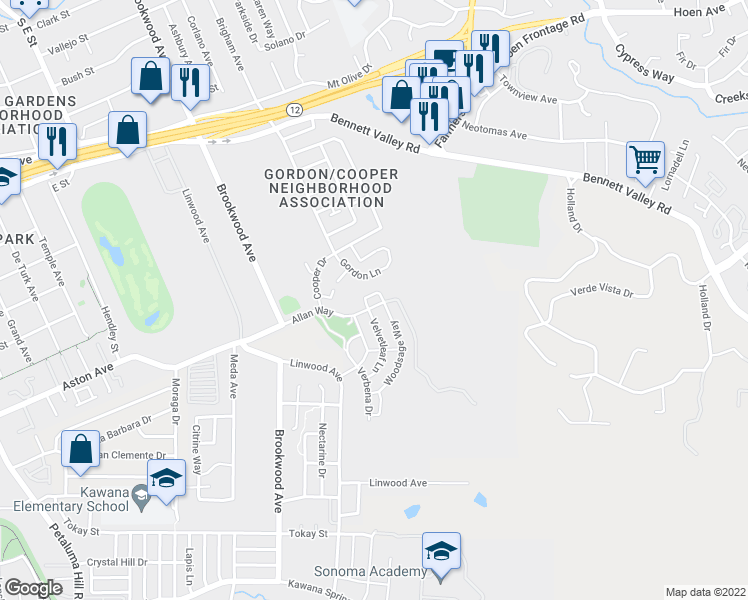 map of restaurants, bars, coffee shops, grocery stores, and more near 1729 Allan Way in Santa Rosa