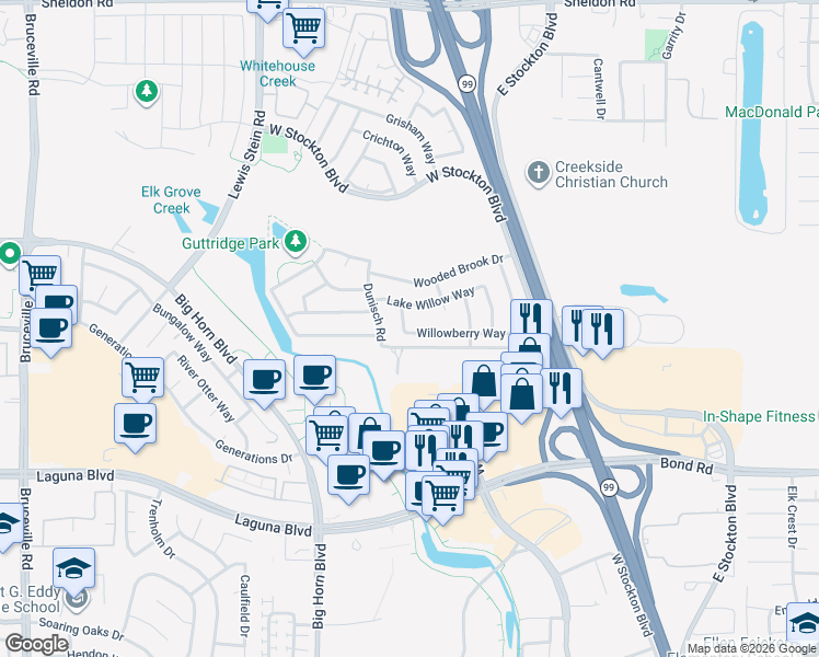 map of restaurants, bars, coffee shops, grocery stores, and more near 8234 Lake Willow Way in Elk Grove