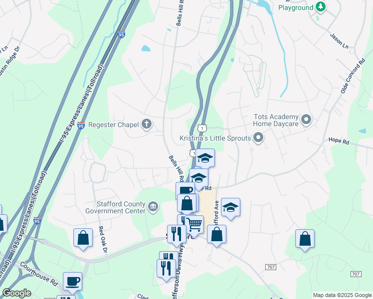 map of restaurants, bars, coffee shops, grocery stores, and more near 32 Iris Lane in Stafford