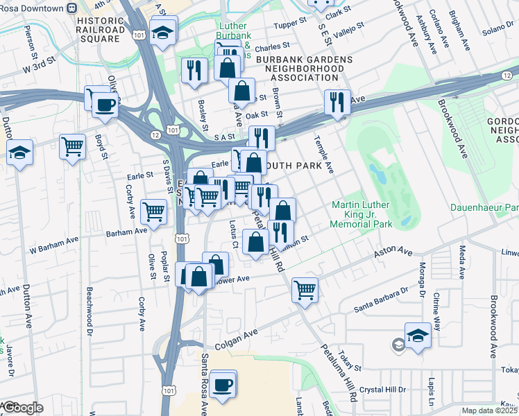 map of restaurants, bars, coffee shops, grocery stores, and more near 1014 Petaluma Hill Road in Santa Rosa
