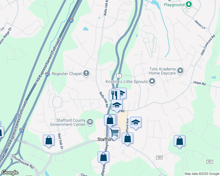map of restaurants, bars, coffee shops, grocery stores, and more near 32 Iris Lane in Stafford