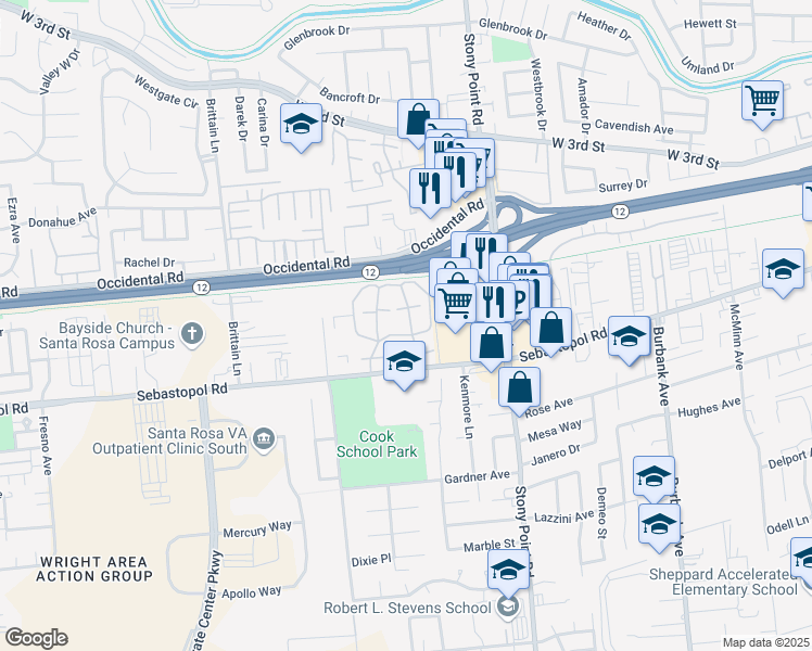 map of restaurants, bars, coffee shops, grocery stores, and more near 521 Laurel Grove Circle in Santa Rosa