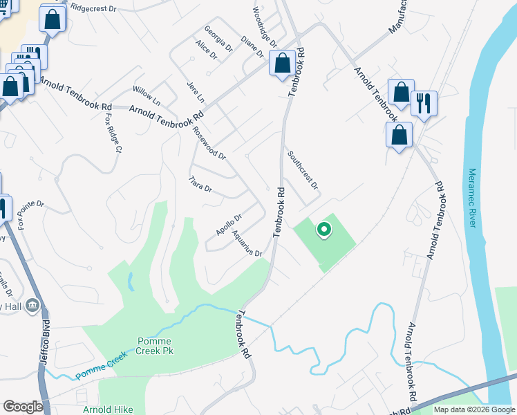 map of restaurants, bars, coffee shops, grocery stores, and more near 2838 Rosewood Drive in Arnold