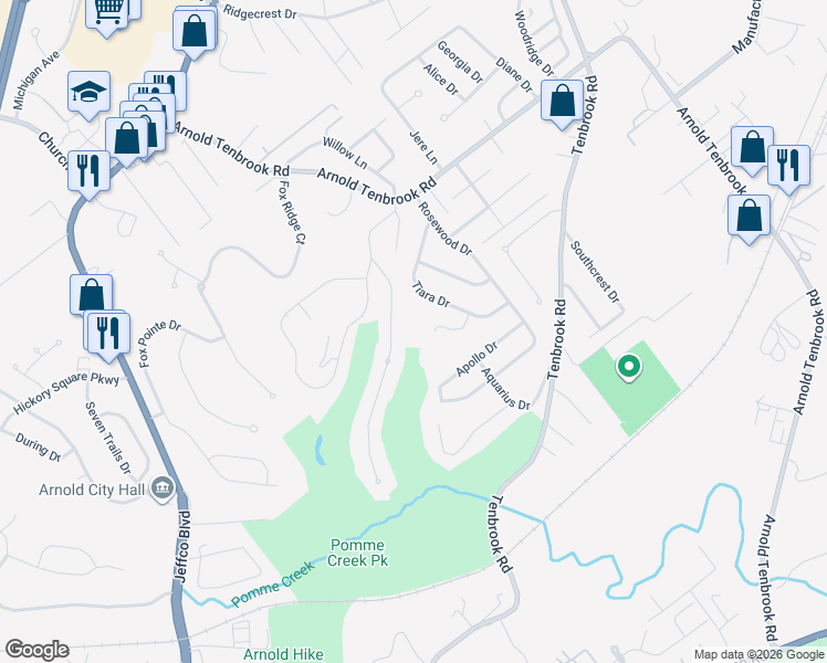 map of restaurants, bars, coffee shops, grocery stores, and more near 1601 Tony Drive in Arnold