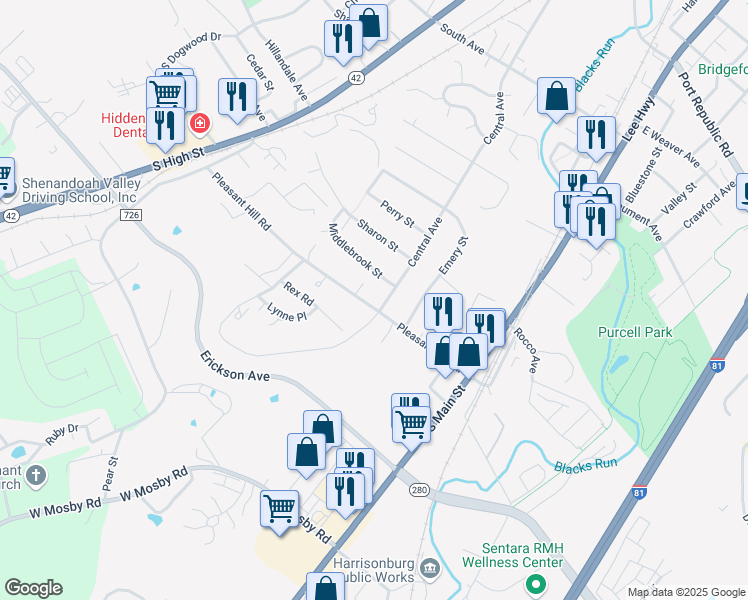 map of restaurants, bars, coffee shops, grocery stores, and more near 56 Pleasant Hill Road in Harrisonburg