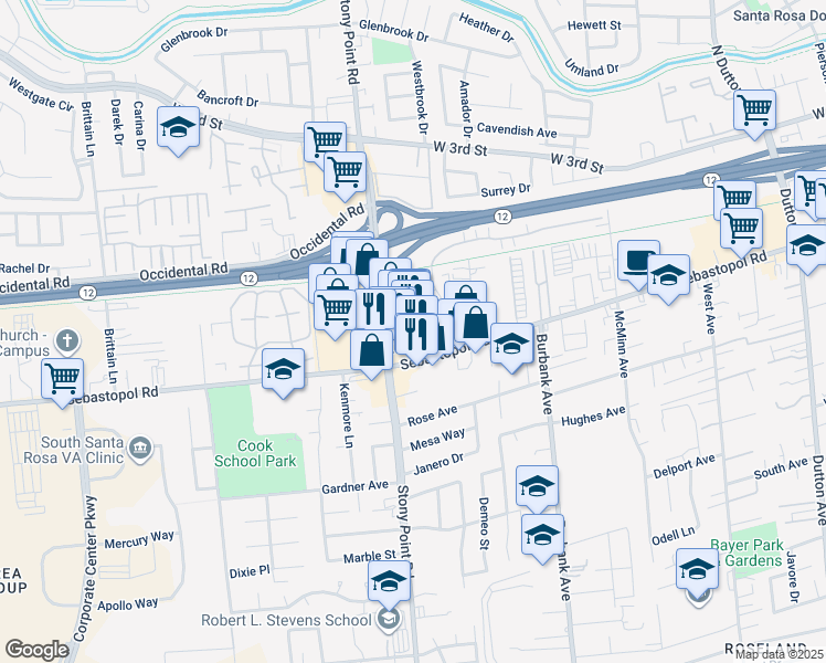 map of restaurants, bars, coffee shops, grocery stores, and more near 750 Stony Point Road in Santa Rosa
