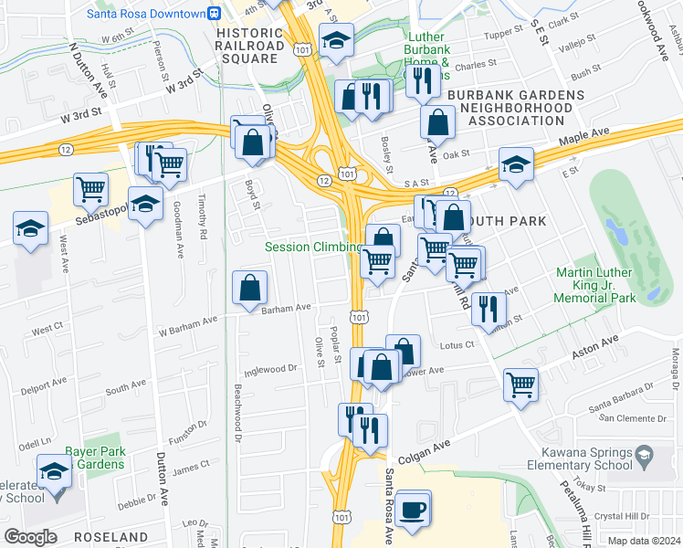 map of restaurants, bars, coffee shops, grocery stores, and more near 221 Carrington Street in Santa Rosa