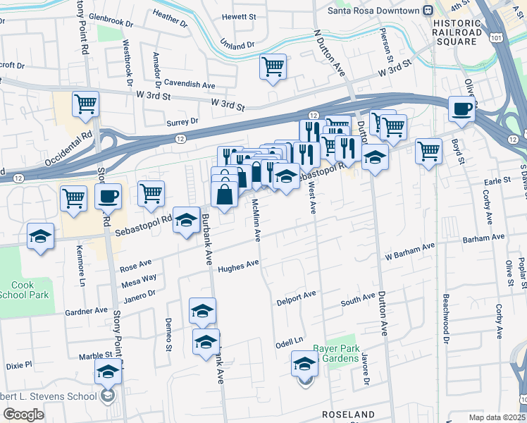 map of restaurants, bars, coffee shops, grocery stores, and more near 1035 Emerald Court in Santa Rosa
