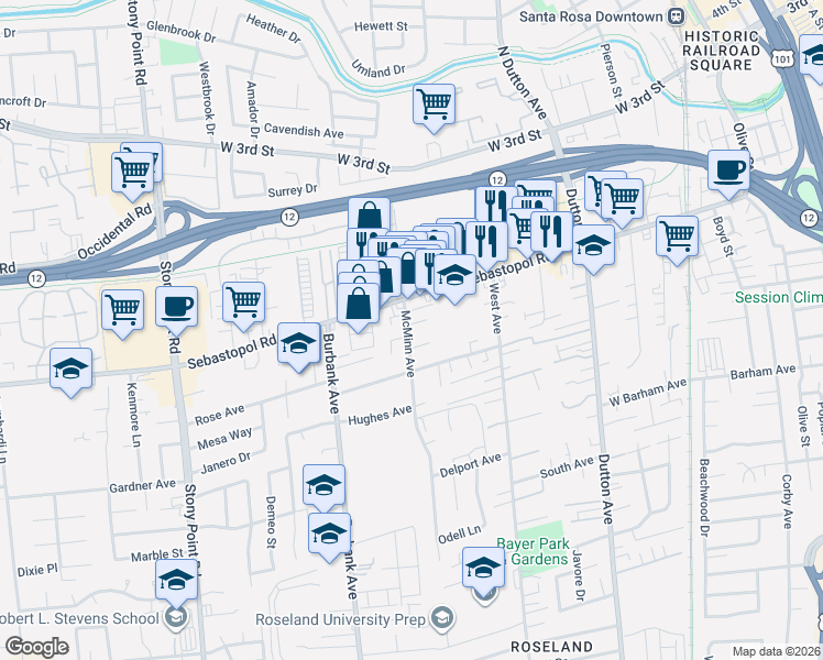 map of restaurants, bars, coffee shops, grocery stores, and more near 1035 Emerald Court in Santa Rosa