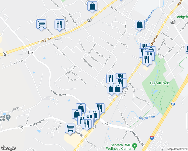 map of restaurants, bars, coffee shops, grocery stores, and more near 69 Middlebrook Street in Harrisonburg