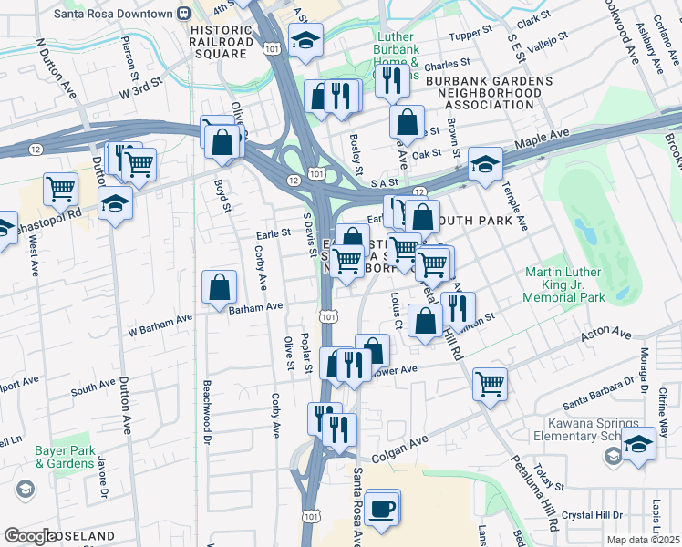 map of restaurants, bars, coffee shops, grocery stores, and more near 2 A Street in Santa Rosa