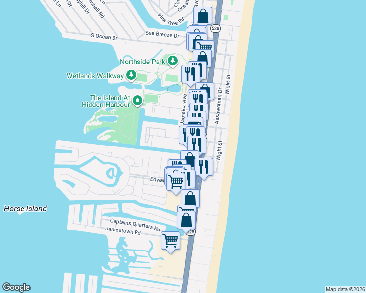 map of restaurants, bars, coffee shops, grocery stores, and more near 12300 Jamaica Avenue in Ocean City