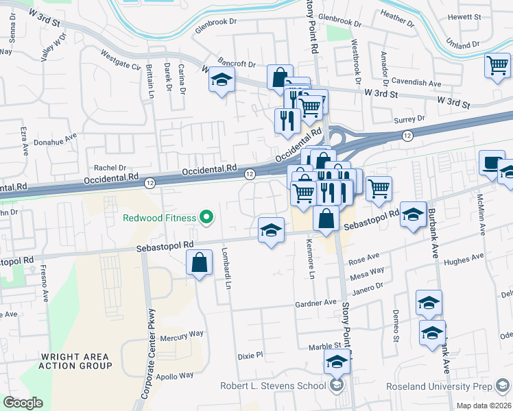 map of restaurants, bars, coffee shops, grocery stores, and more near 636 Laurel Grove Circle in Santa Rosa