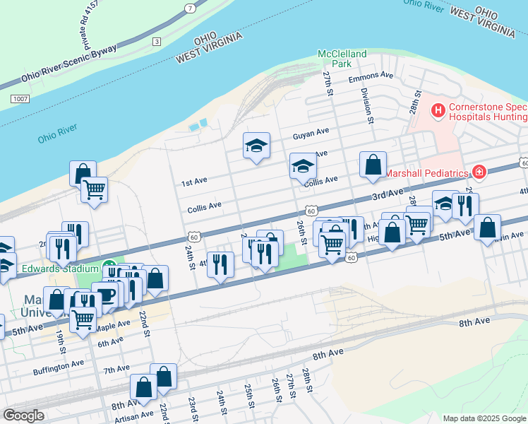 map of restaurants, bars, coffee shops, grocery stores, and more near 2547 Collis Avenue in Huntington