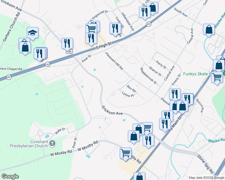 map of restaurants, bars, coffee shops, grocery stores, and more near 1947 Willow Hill Drive in Harrisonburg