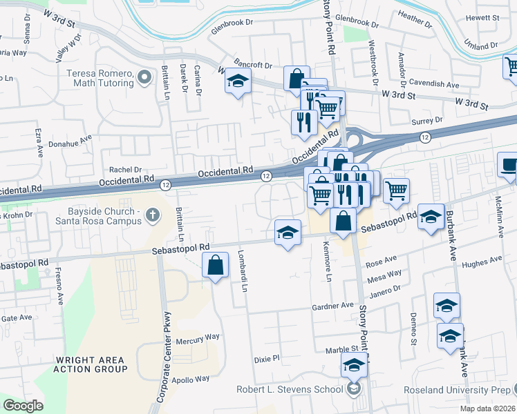 map of restaurants, bars, coffee shops, grocery stores, and more near 621 Ryan Lane in Santa Rosa