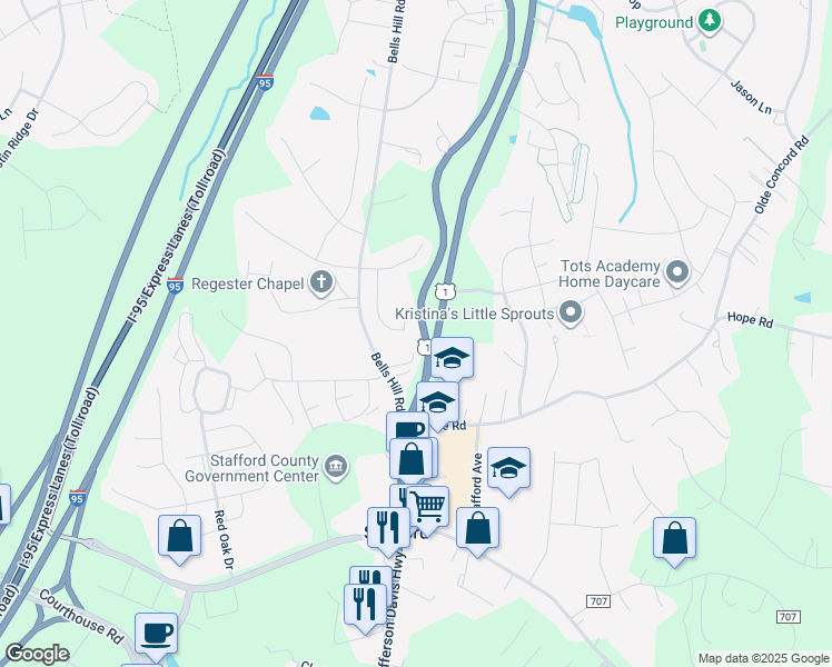 map of restaurants, bars, coffee shops, grocery stores, and more near 34 Iris Lane in Stafford