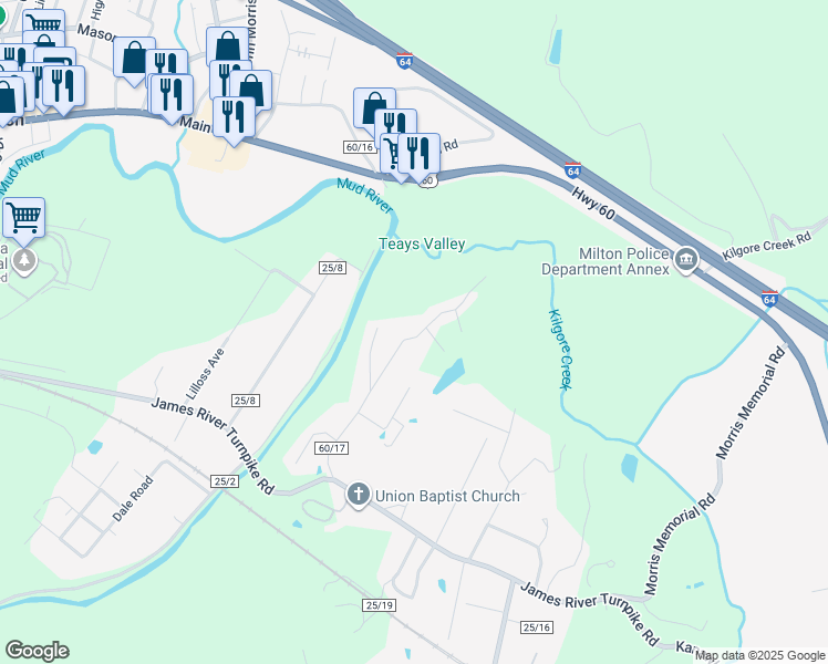 map of restaurants, bars, coffee shops, grocery stores, and more near 75 Smelser Lane in Milton